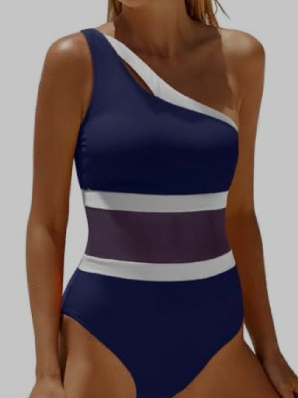 One shoulder Mesh Cutout One Piece Swimsuit Navy/White Size XXL NWOT